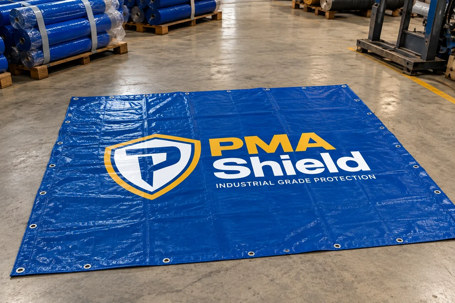 PMA Shield HDPE Tarpaulin, Blue, with Stacked Rolls in the Factory