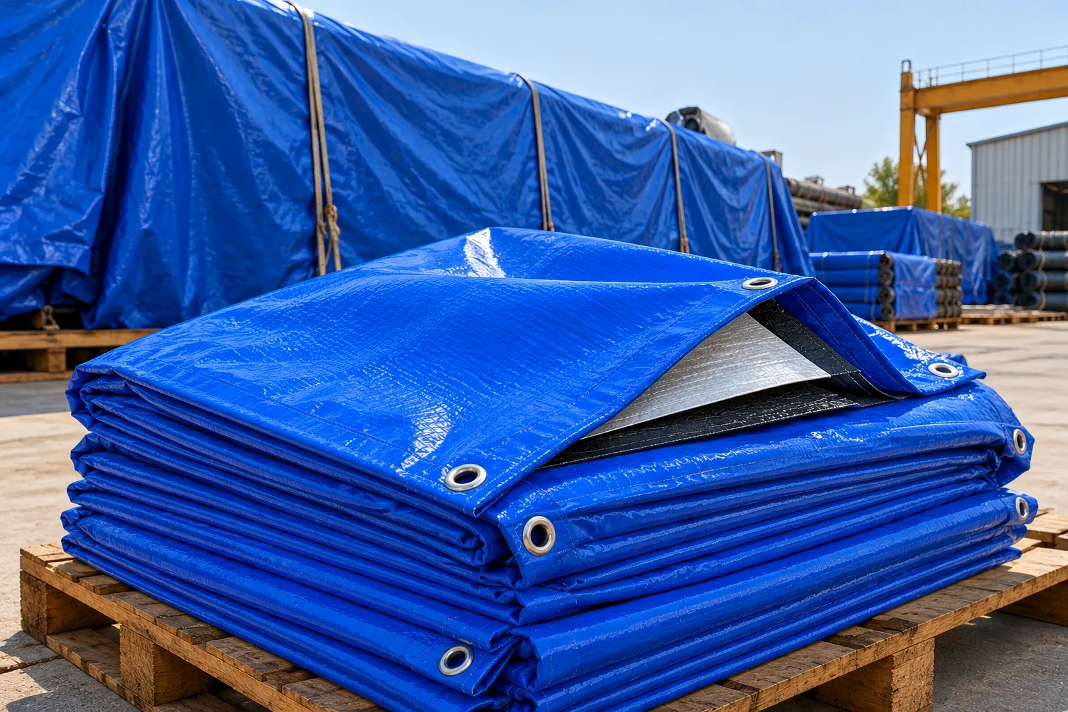 Folded Blue Cross-Laminated Tarpaulin on Pallet